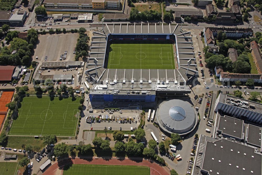 Bochum from above - Blick auf das Ruhrstadion Heimat des Bundesligisten VfL Bochum. Soccer stadiom Ruhrstadion of the soccer club VFL Bochum.