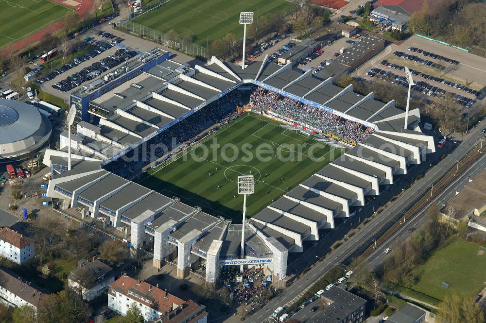 Bochum from above - Blick auf das Ruhrstadion Heimat des Bundesligisten VfL Bochum. Soccer stadion Ruhrstadion of the soccer club VFL Bochum.