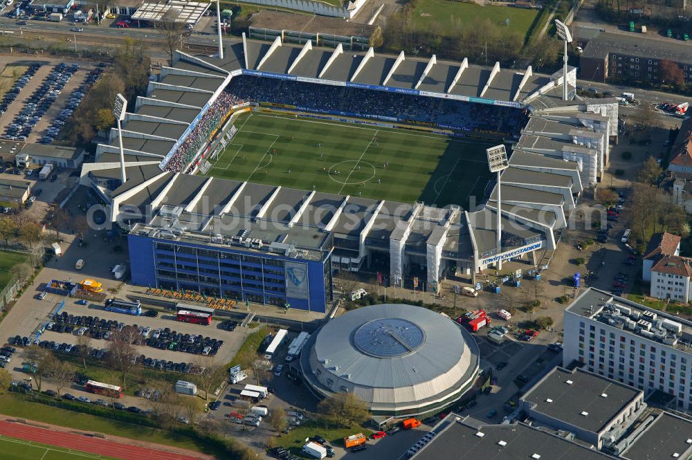 Bochum from the bird's eye view: Blick auf das Ruhrstadion Heimat des Bundesligisten VfL Bochum. Soccer stadion Ruhrstadion of the soccer club VFL Bochum.