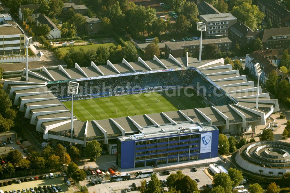 Bochum from the bird's eye view: Blick auf das Ruhrstadion mit Anbau Heimat des Bundesligisten VfL Bochum. Soccer stadiom Ruhrstadion of the soccer club VFL Bochum.