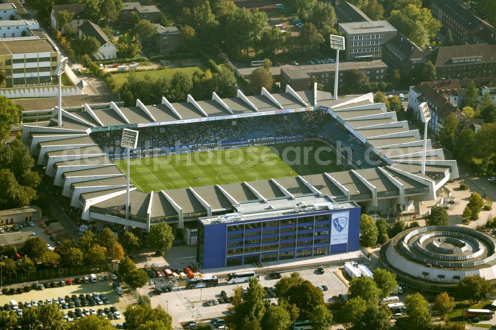 Aerial image Bochum - Blick auf das Ruhrstadion mit Anbau Heimat des Bundesligisten VfL Bochum. Soccer stadiom Ruhrstadion of the soccer club VFL Bochum.