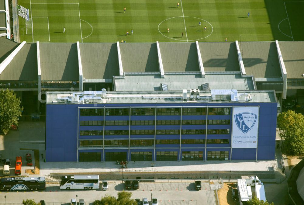 Aerial photograph Bochum - Blick auf das Ruhrstadion mit Anbau Heimat des Bundesligisten VfL Bochum. Soccer stadiom Ruhrstadion of the soccer club VFL Bochum.