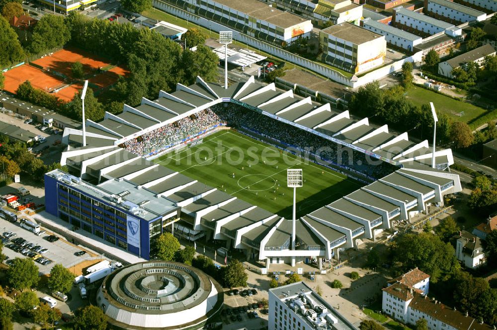 Bochum from above - Blick auf das Ruhrstadion mit Anbau Heimat des Bundesligisten VfL Bochum. Soccer stadiom Ruhrstadion of the soccer club VFL Bochum.