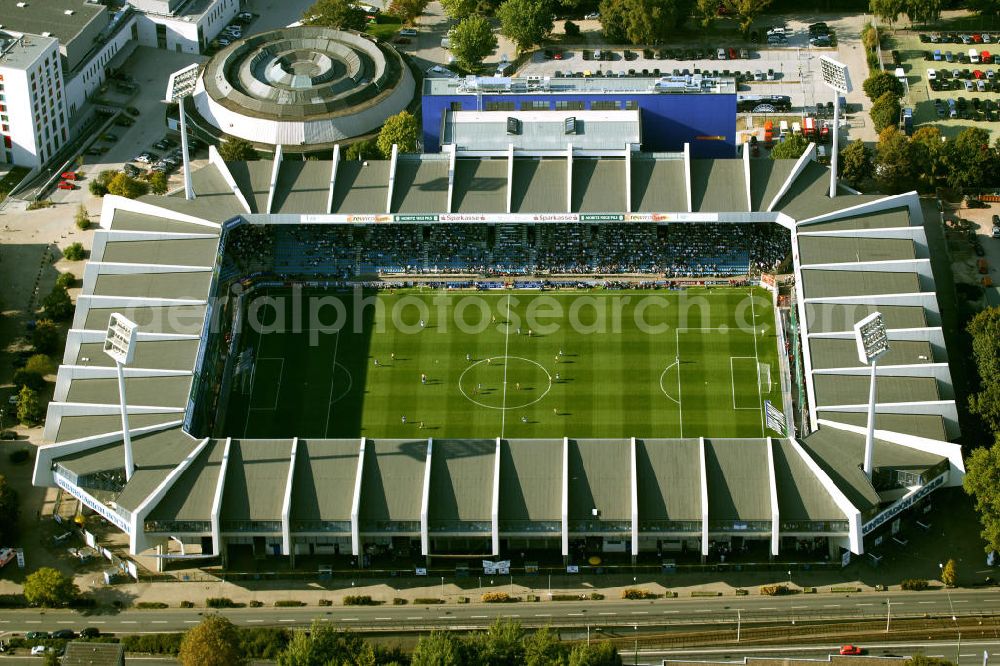 Bochum from the bird's eye view: Blick auf das Ruhrstadion mit Anbau Heimat des Bundesligisten VfL Bochum. Soccer stadiom Ruhrstadion of the soccer club VFL Bochum.