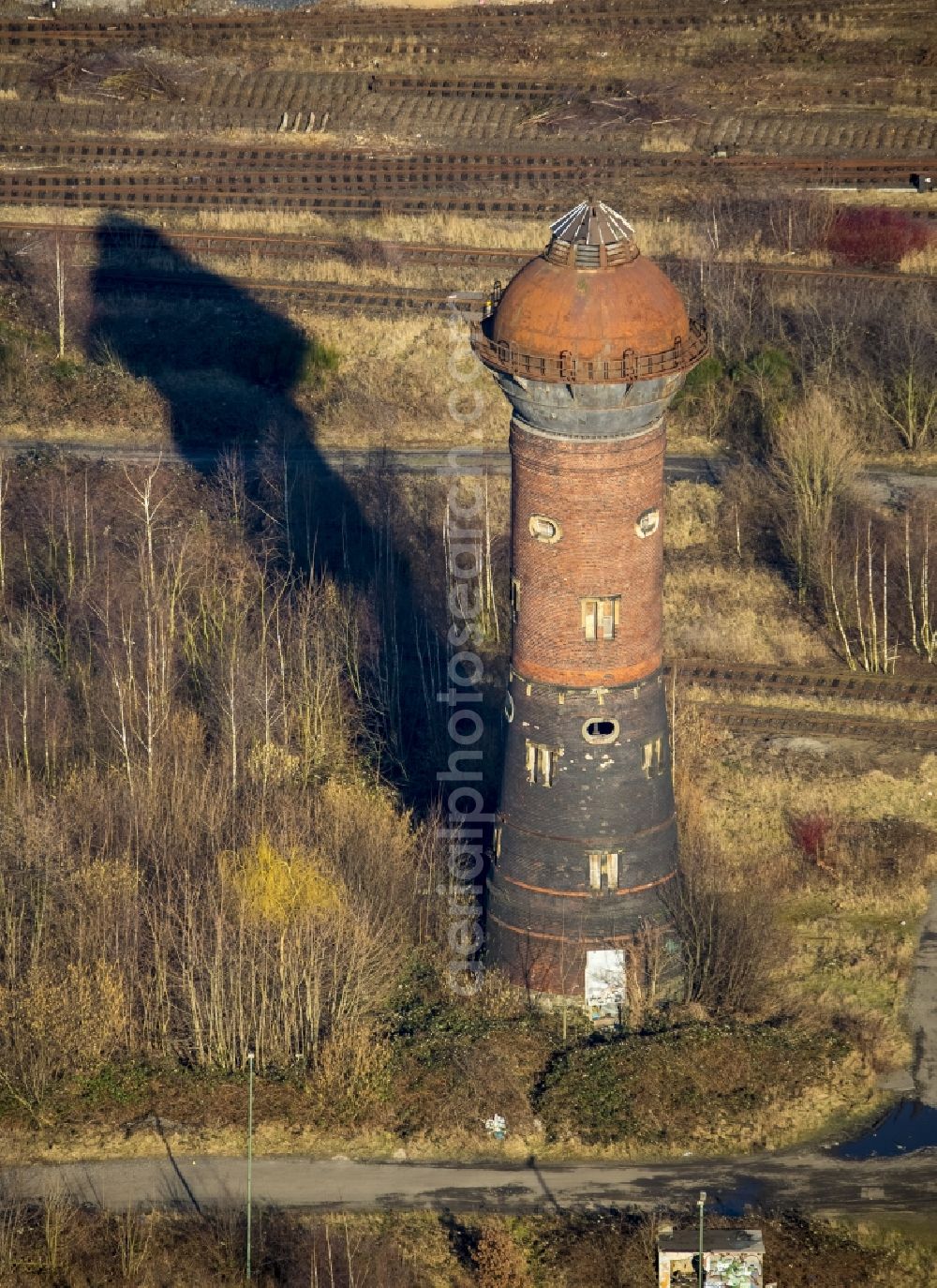 Duisburg from above - Ruins of an old water tower on the site of the former railway operating plant in Duisburg in North Rhine-Westphalia