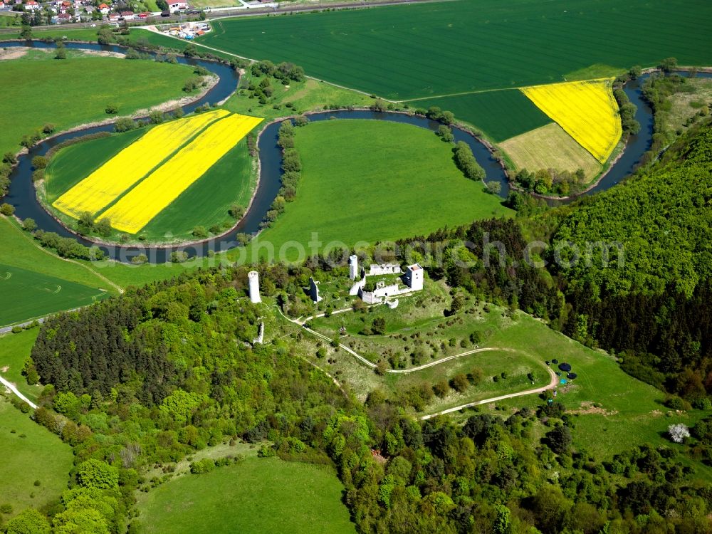 Gerstungen from above - The ruins Brandenburg in the Lauchröden part of Gerstungen in the state of Thuringia. The ruins of the high fortress are located on a hill above the river Werra in the Middle Werra Valley. The former fortress from the 12th century is now open for visitors and was renovated in the 1990s