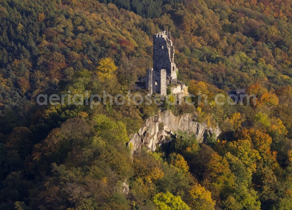 Aerial image Königswinter - Autumn view of the Drachenfels castle ruins in the autumn-colored forest at the bank of the Rhine in Königswinter in the federal state North Rhine-Westphalia. After major rock crashes the hilltop was secured by steel anchors and reinforcing steel. Meanwhile, the ruin was renovated