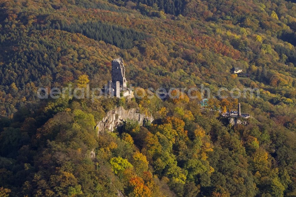 Aerial photograph Königswinter - Autumn view of the Drachenfels castle ruins in the autumn-colored forest at the bank of the Rhine in Königswinter in the federal state North Rhine-Westphalia. After major rock crashes the hilltop was secured by steel anchors and reinforcing steel. Meanwhile, the ruin was renovated