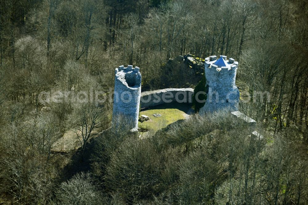 Neuwart from above - Ruins and vestiges of the former castle and fortress Ebersburg in Neuwart in the state Hesse, Germany