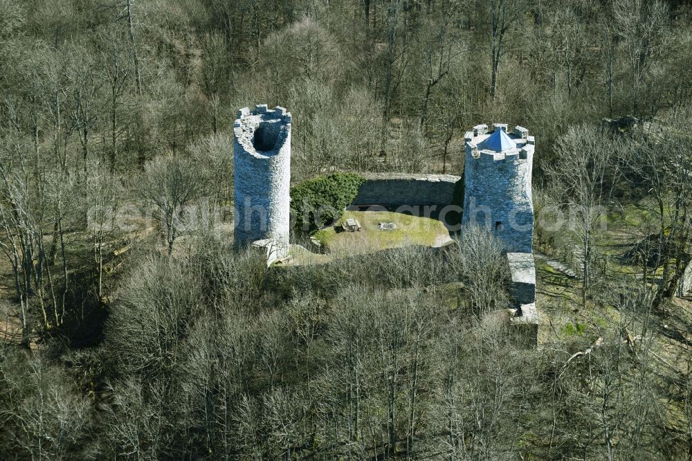 Neuwart from the bird's eye view: Ruins and vestiges of the former castle and fortress Ebersburg in Neuwart in the state Hesse, Germany