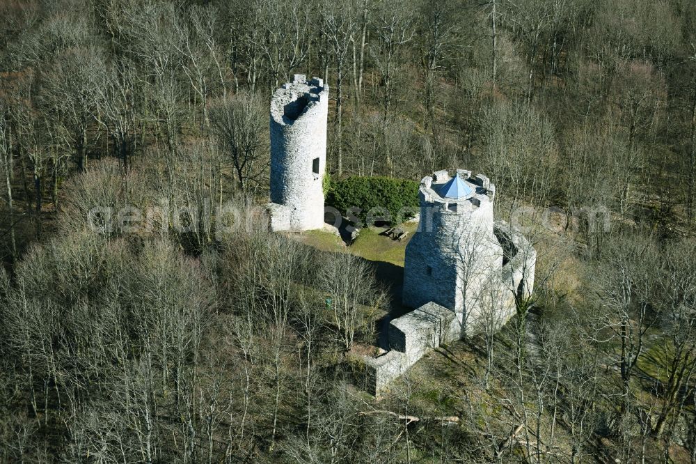 Aerial image Neuwart - Ruins and vestiges of the former castle and fortress Ebersburg in Neuwart in the state Hesse, Germany