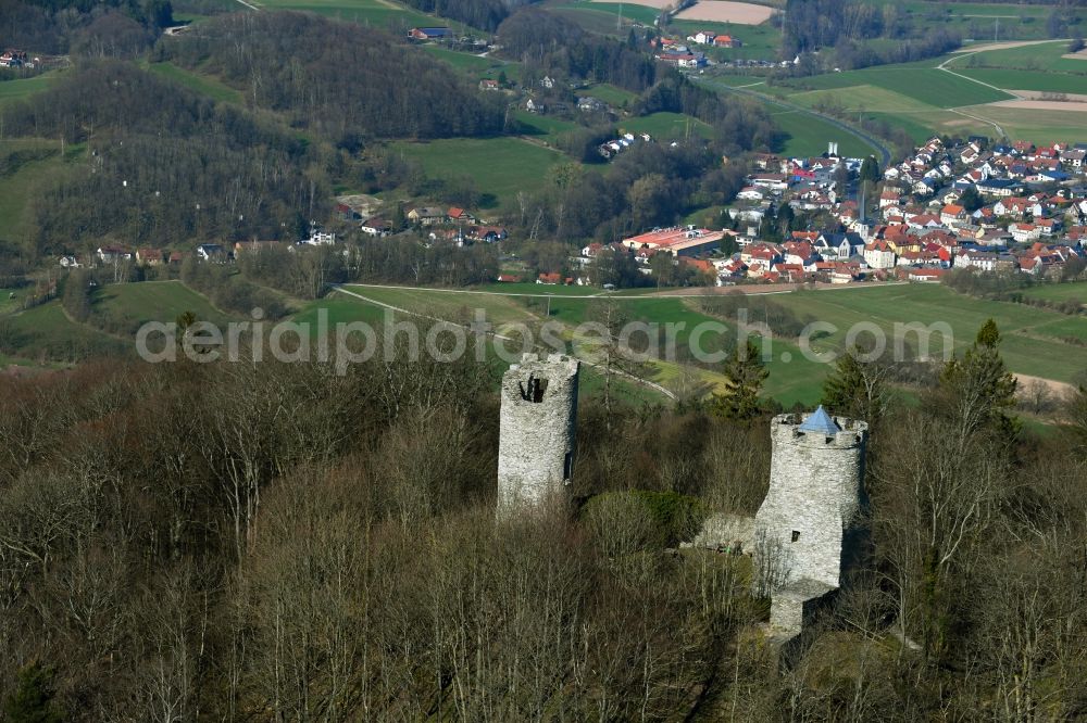 Aerial photograph Neuwart - Ruins and vestiges of the former castle and fortress Ebersburg in Neuwart in the state Hesse, Germany