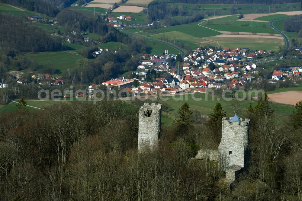 Neuwart from the bird's eye view: Ruins and vestiges of the former castle and fortress Ebersburg in Neuwart in the state Hesse, Germany