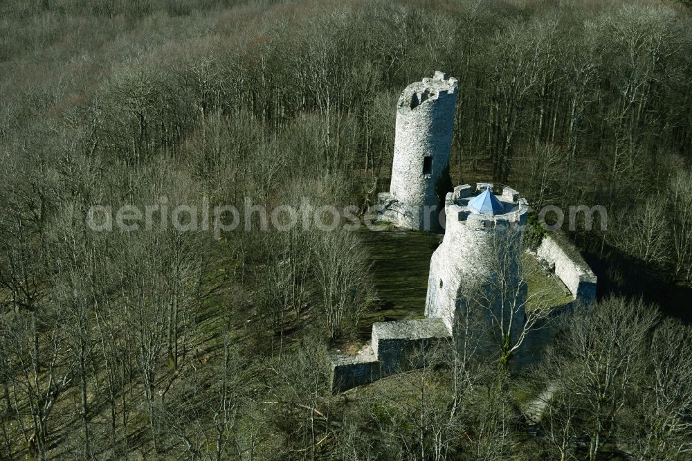 Aerial photograph Neuwart - Ruins and vestiges of the former castle and fortress Ebersburg in Neuwart in the state Hesse, Germany