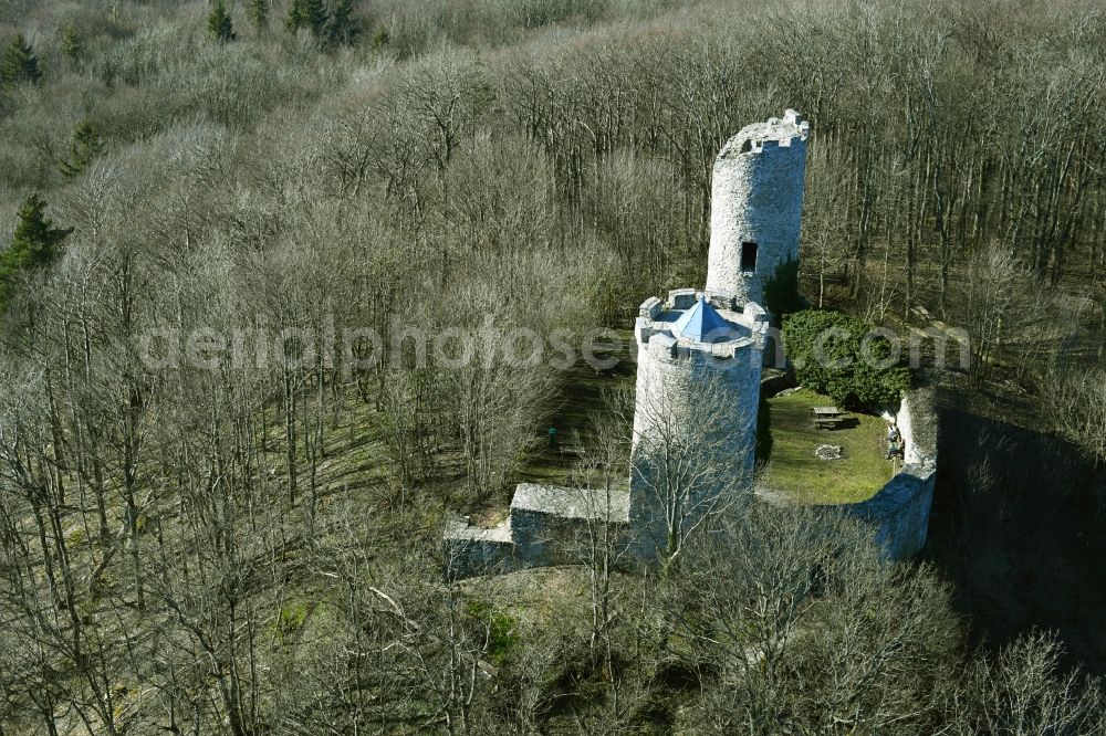 Neuwart from above - Ruins and vestiges of the former castle and fortress Ebersburg in Neuwart in the state Hesse, Germany