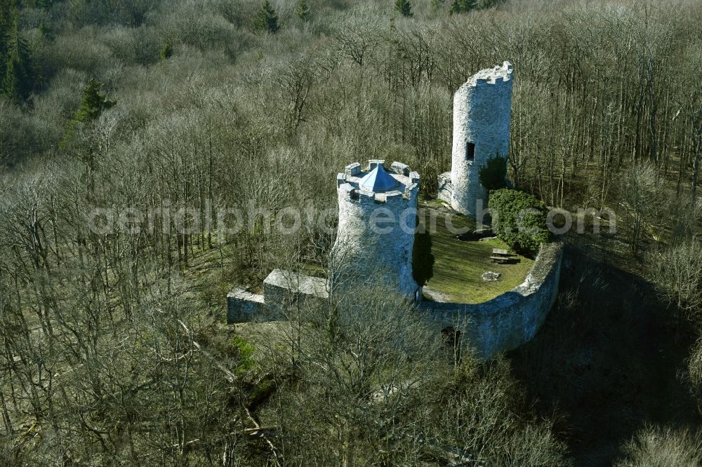 Neuwart from the bird's eye view: Ruins and vestiges of the former castle and fortress Ebersburg in Neuwart in the state Hesse, Germany