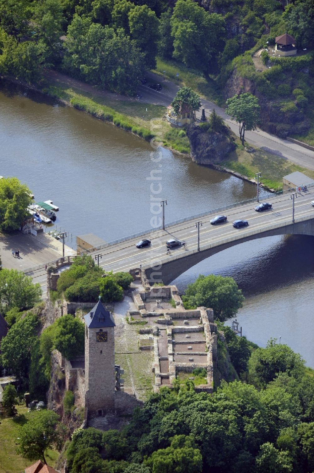 Aerial image Halle - Halle Saale 05/28/2012 ruins of the castle on the banks of the Saale Giebichenstein in Halle (Saale) at the Romanesque Route