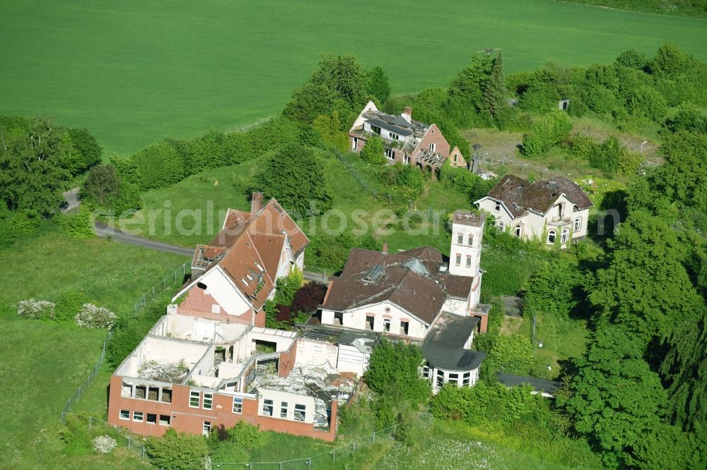 Aerial image Krummsee - Ruin of the former Berghotel Bruhnskoppel in Krummsee in the state of Schleswig-Holstein, Germany