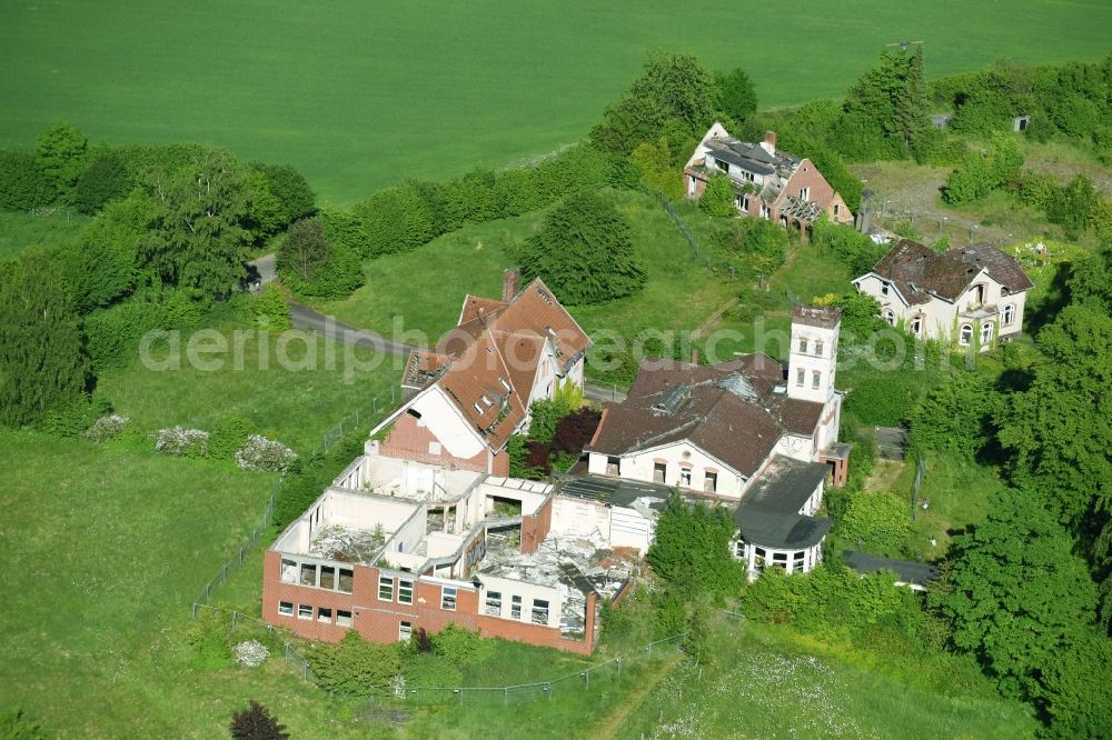 Aerial photograph Krummsee - Ruin of the former Berghotel Bruhnskoppel in Krummsee in the state of Schleswig-Holstein, Germany