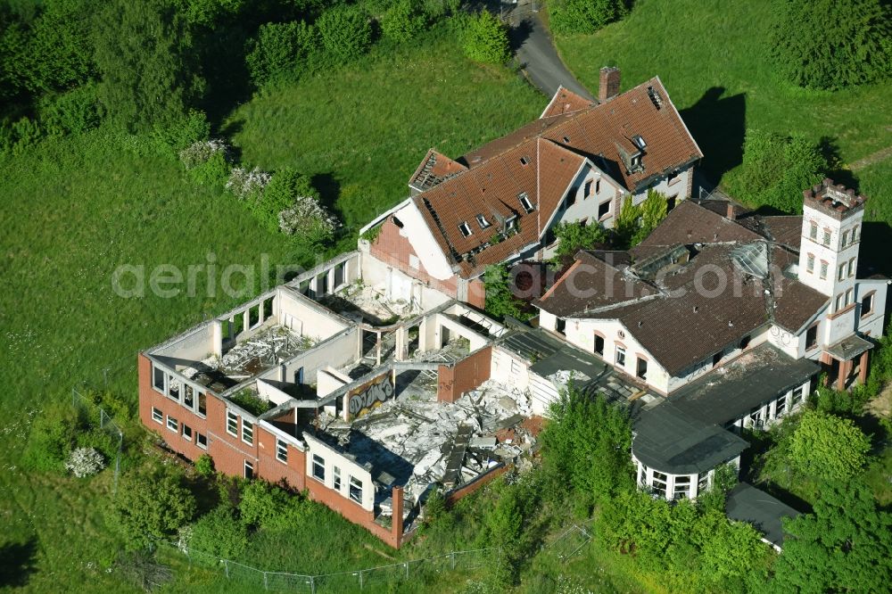 Krummsee from above - Ruin of the former Berghotel Bruhnskoppel in Krummsee in the state of Schleswig-Holstein, Germany