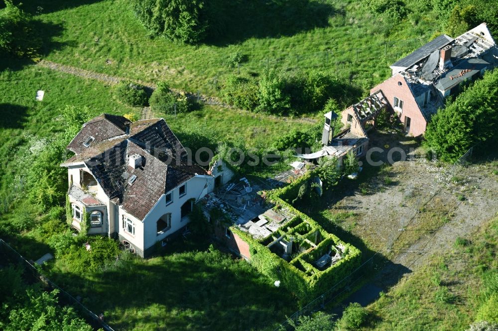 Aerial image Krummsee - Ruin of the former Berghotel Bruhnskoppel in Krummsee in the state of Schleswig-Holstein, Germany