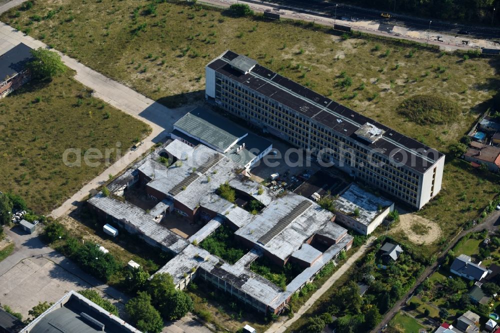 Berlin from above - Ruins of the former office building from the GDR radio center, today used by a shopping center and co-working area on the Nalepastrasse in Berlin, Germany