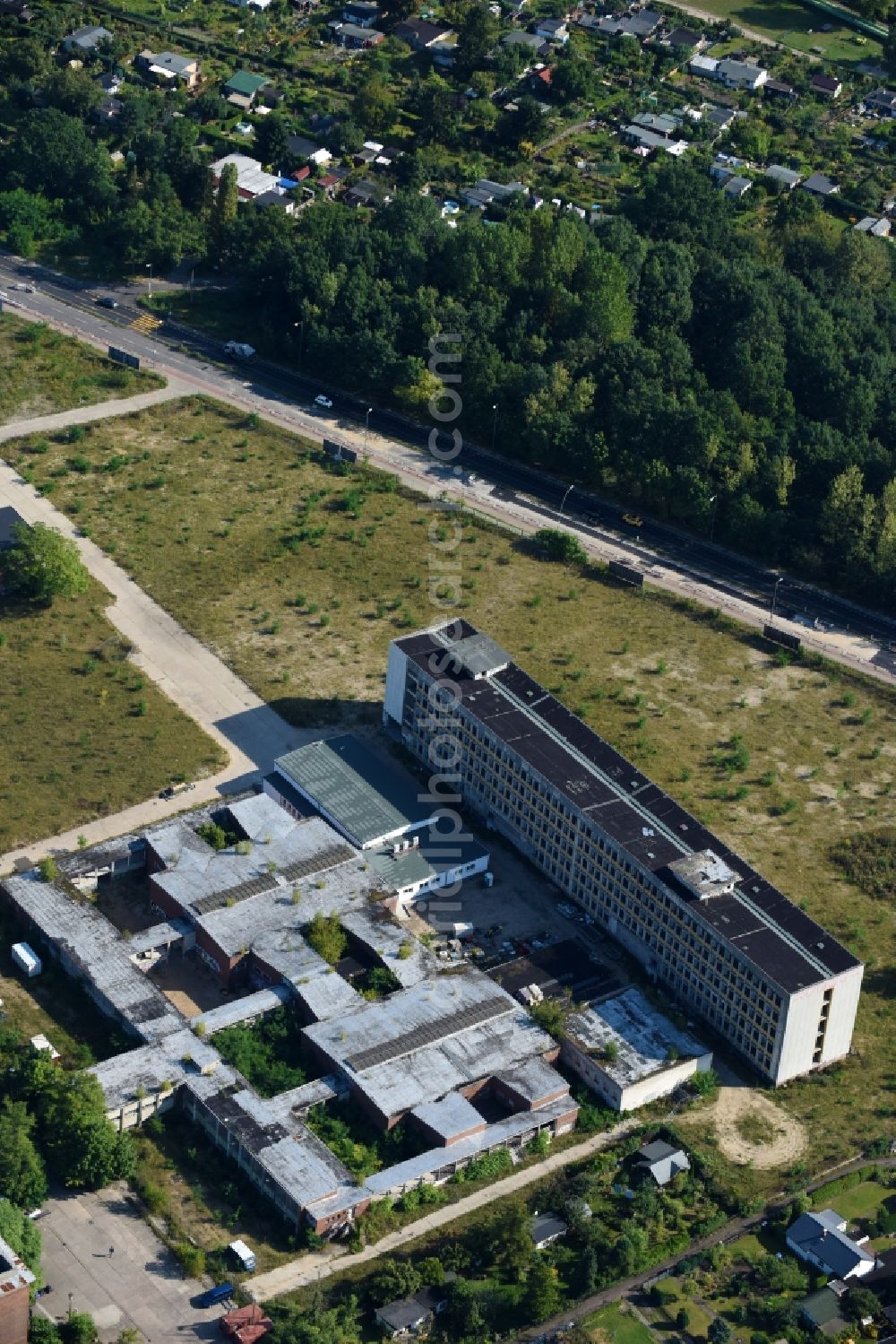 Berlin from above - Ruins of the former office building from the GDR radio center, today used by a shopping center and co-working area on the Nalepastrasse in Berlin, Germany