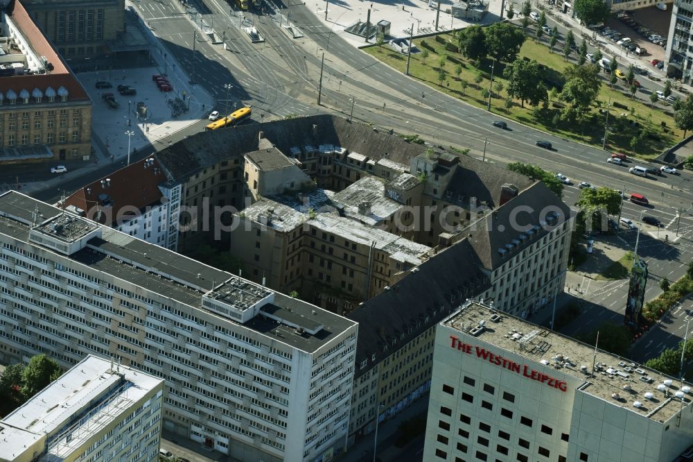 Leipzig from above - Ruins of the former office building Willy-Brandt-Platz - Gerberstrasse - Kurt-Schumacher-Strasse in Leipzig in the state Saxony