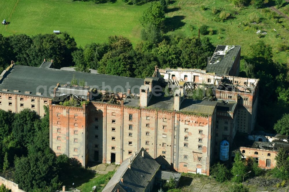 Etgersleben from above - Ruin of the former factory - building of the old malt house in Etgersleben in the federal state Saxony-Anhalt, Germany