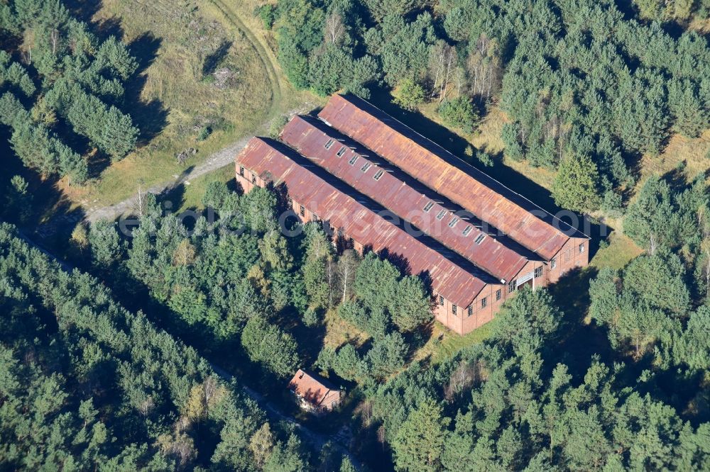 Fürstenwalde/Spree from the bird's eye view: Ruins of the former factory - building in a forest area on the B168 in Fuerstenwalde/Spree in the state Brandenburg, Germany