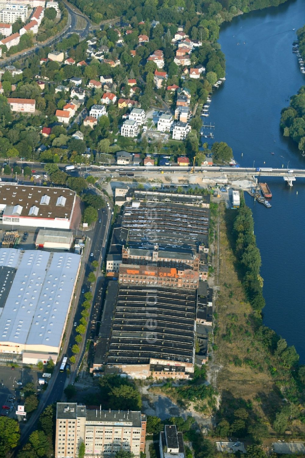 Berlin from above - Ruins of the former factory - building of Kombinats Kabelwerk Oberspree ( KWO ) on Friedrichshagener Strasse in the district Koepenick in Berlin, Germany