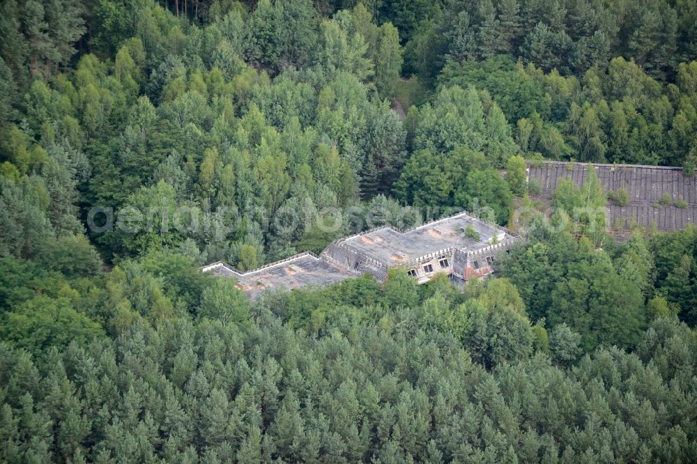 Templin from above - Ruins of the former hotel - the building im Waldstueck des Forst Buchheide in Templin in the state Brandenburg