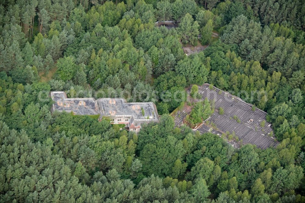 Aerial image Templin - Ruins of the former hotel - the building im Waldstueck des Forst Buchheide in Templin in the state Brandenburg