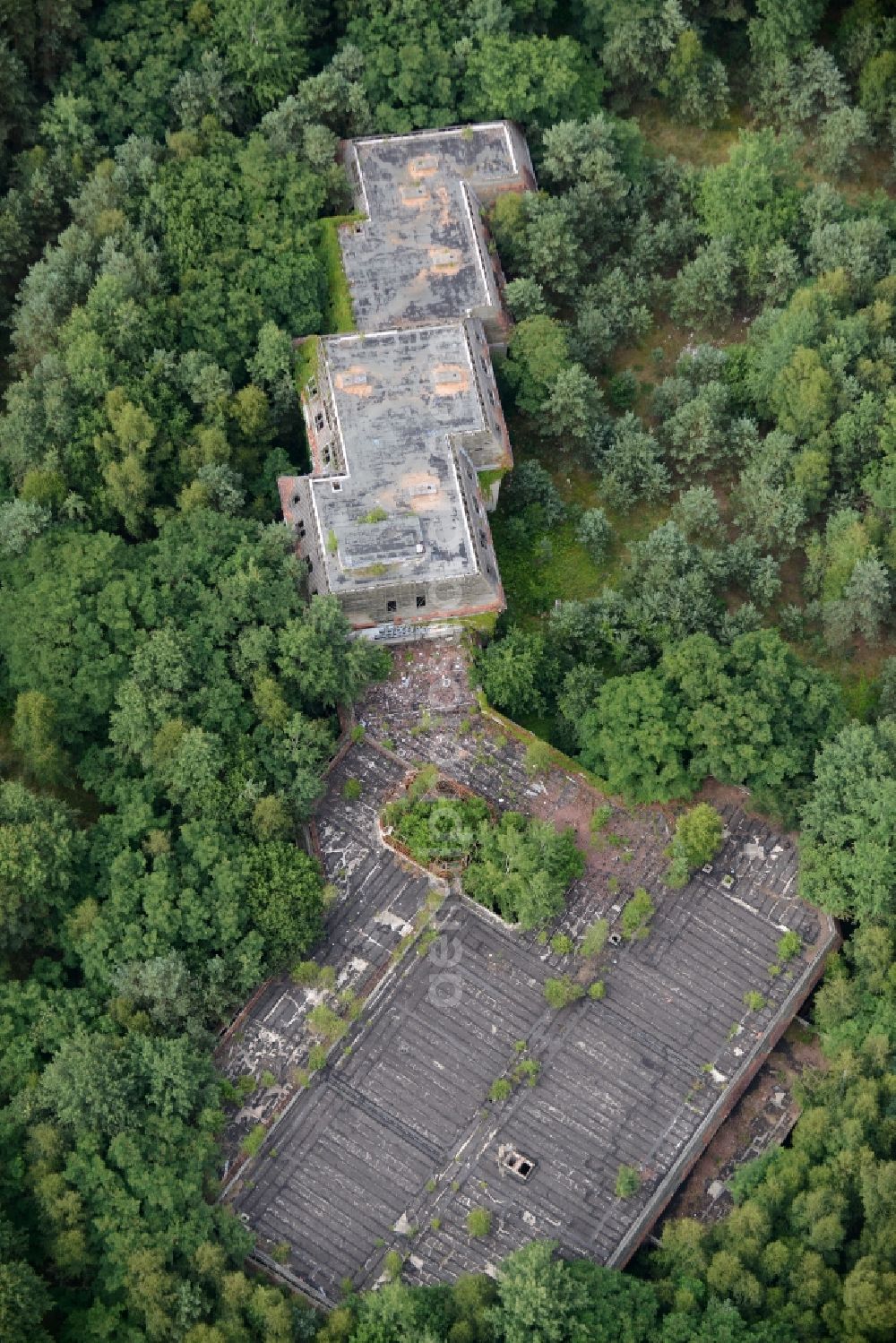 Aerial image Templin - Ruins of the former hotel - the building im Waldstueck des Forst Buchheide in Templin in the state Brandenburg