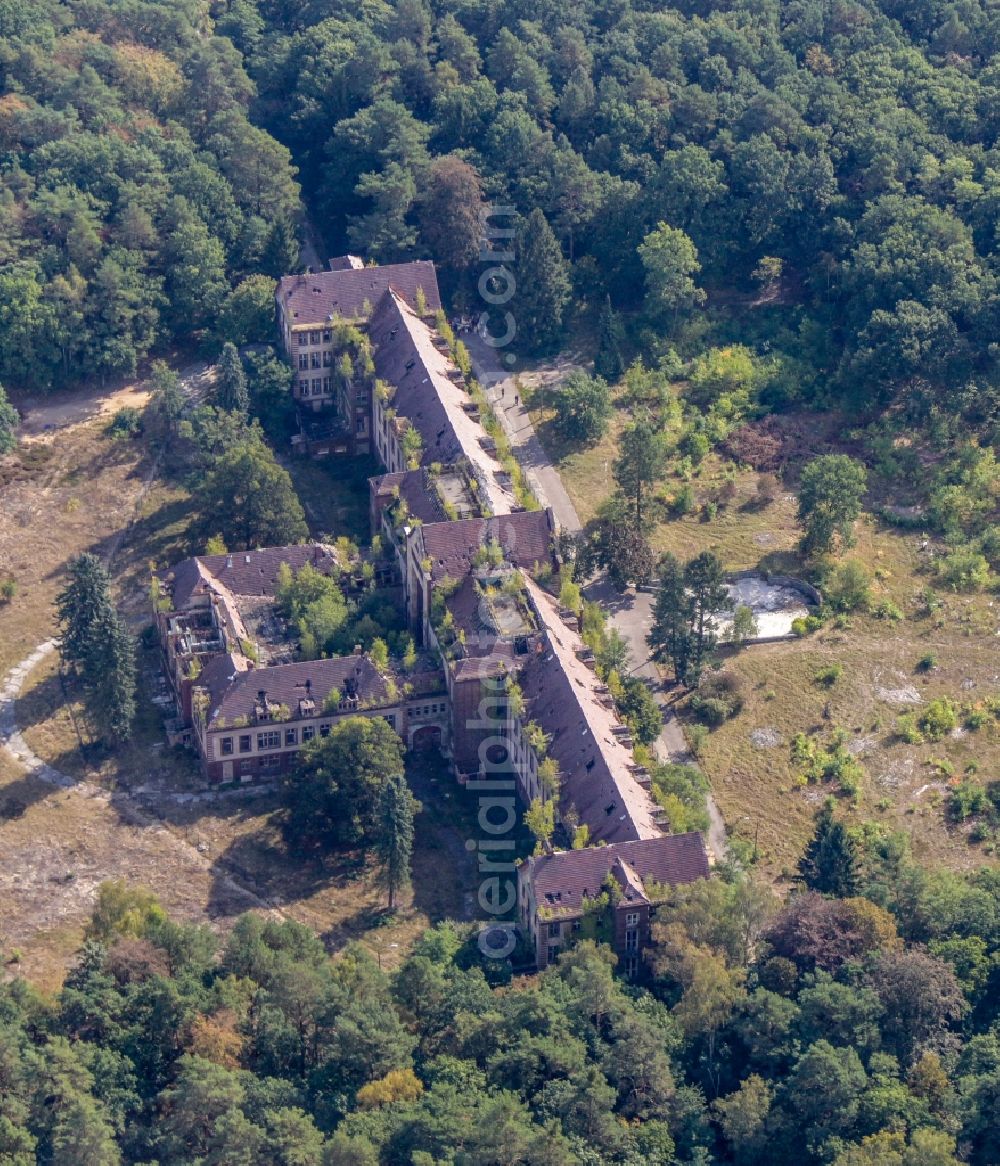 Aerial image Beelitz - Ruins of the former hospital - building in Beelitz in the state Brandenburg