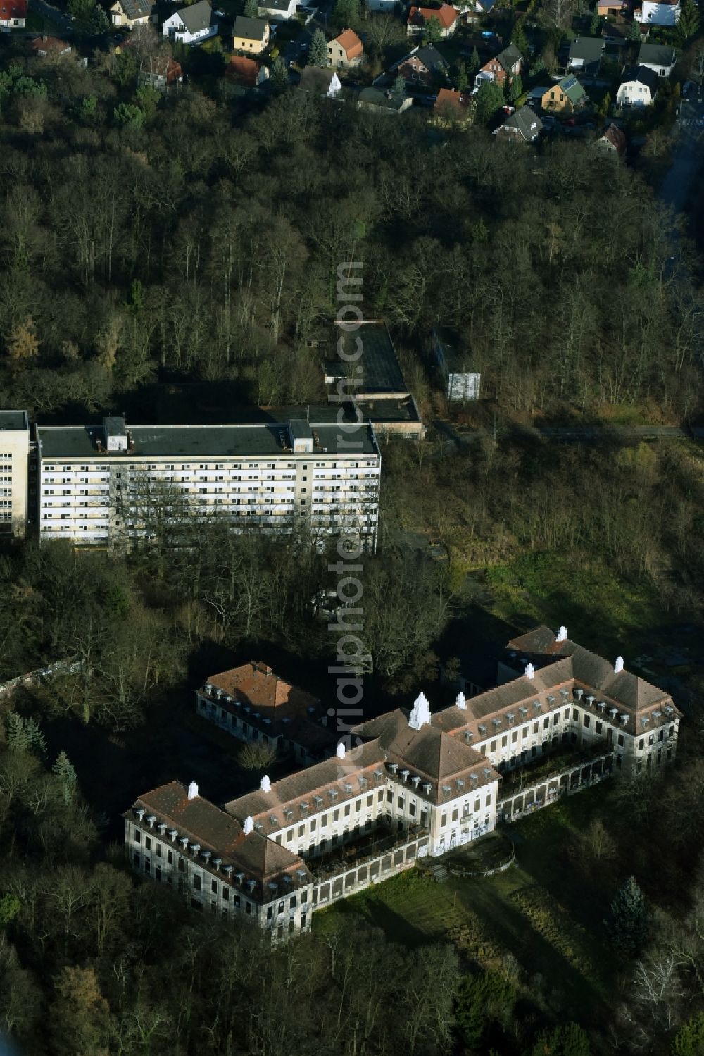 Berlin from above - Ruins of the former hospital - building Waldhaus on Poelnitzweg - Zepernicker Strasse in Berlin in Germany