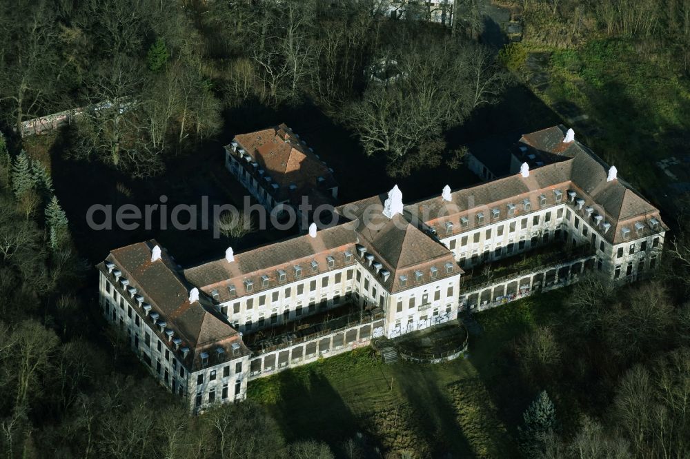 Aerial image Berlin - Ruins of the former hospital - building Waldhaus on Poelnitzweg - Zepernicker Strasse in Berlin in Germany