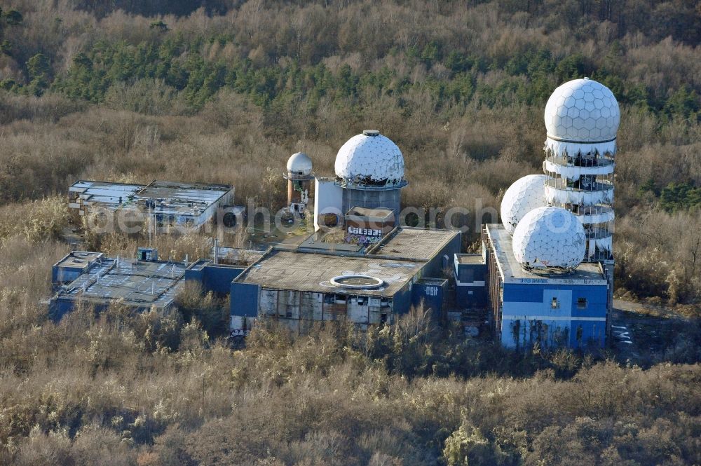 Berlin from the bird's eye view: Ruins of the former American military interception and radar system on the Teufelsberg in Berlin - Charlottenburg