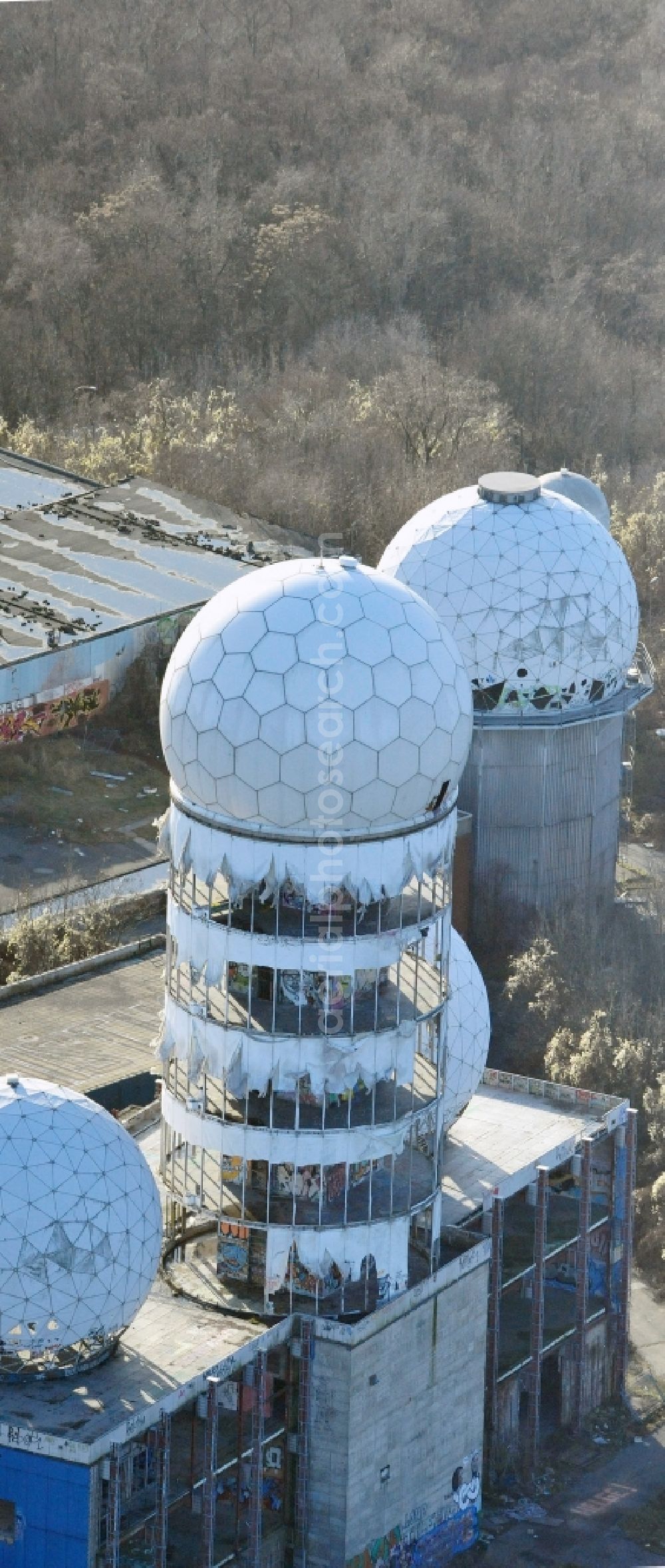 Berlin from above - Ruins of the former American military interception and radar system on the Teufelsberg in Berlin - Charlottenburg