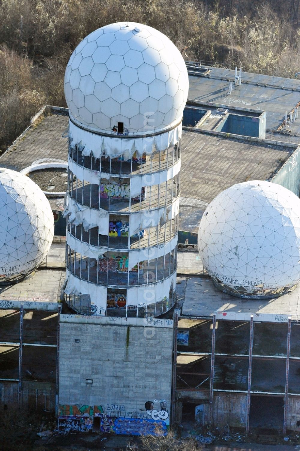 Berlin from the bird's eye view: Ruins of the former American military interception and radar system on the Teufelsberg in Berlin - Charlottenburg