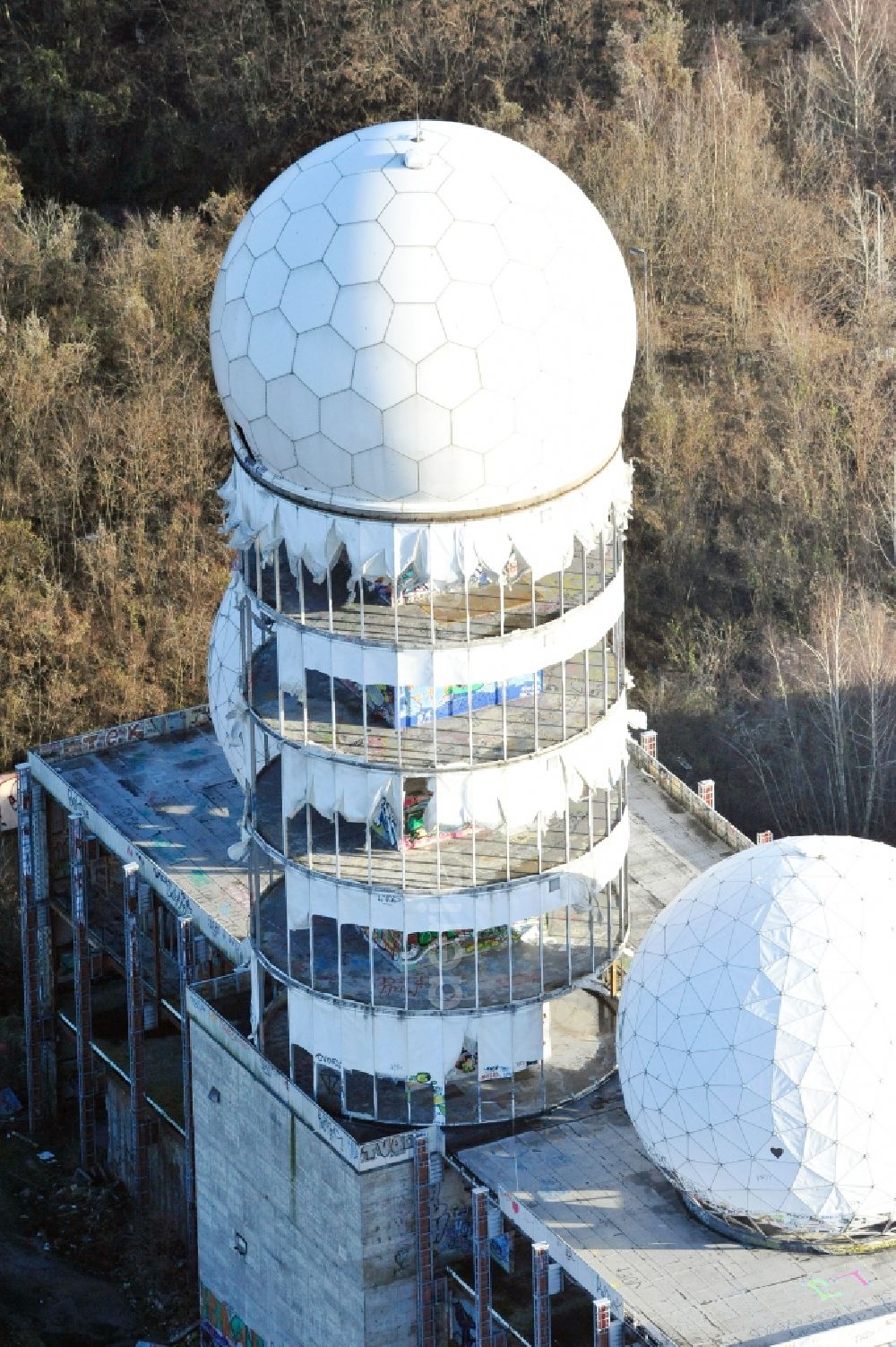 Berlin from above - Ruins of the former American military interception and radar system on the Teufelsberg in Berlin - Charlottenburg