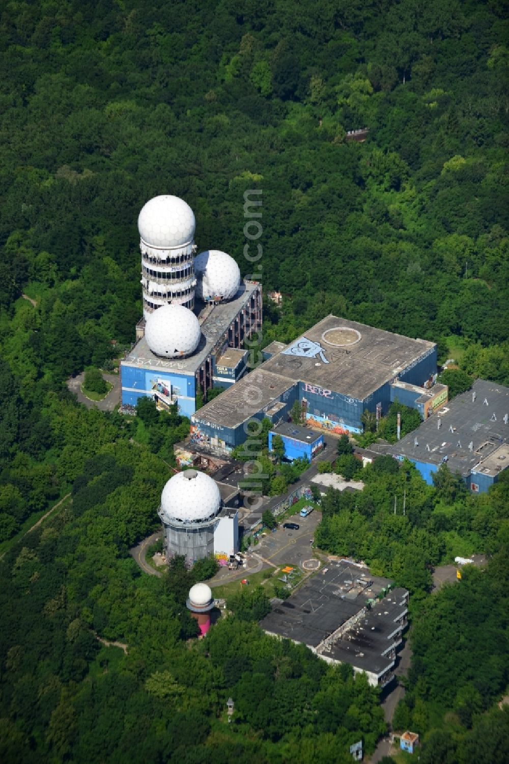 Berlin from the bird's eye view: Ruins of the former American military interception and radar system on the Teufelsberg in Berlin - Charlottenburg