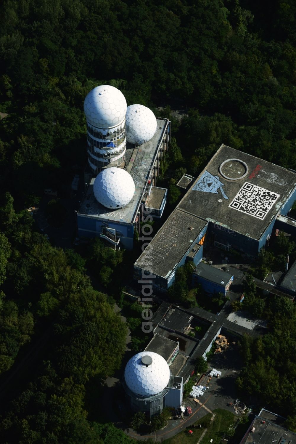 Berlin from the bird's eye view: Ruins of the former American military interception and radar system on the Teufelsberg in Berlin - Charlottenburg