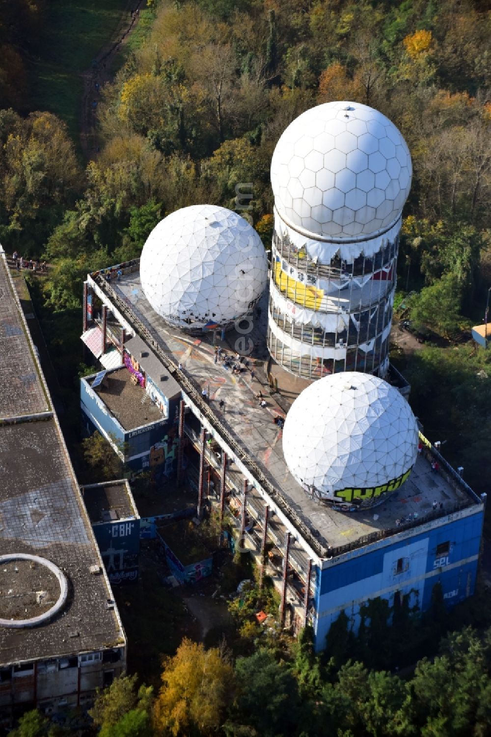 Berlin from the bird's eye view: Ruins of the former American military interception and radar system on the Teufelsberg in Berlin - Charlottenburg