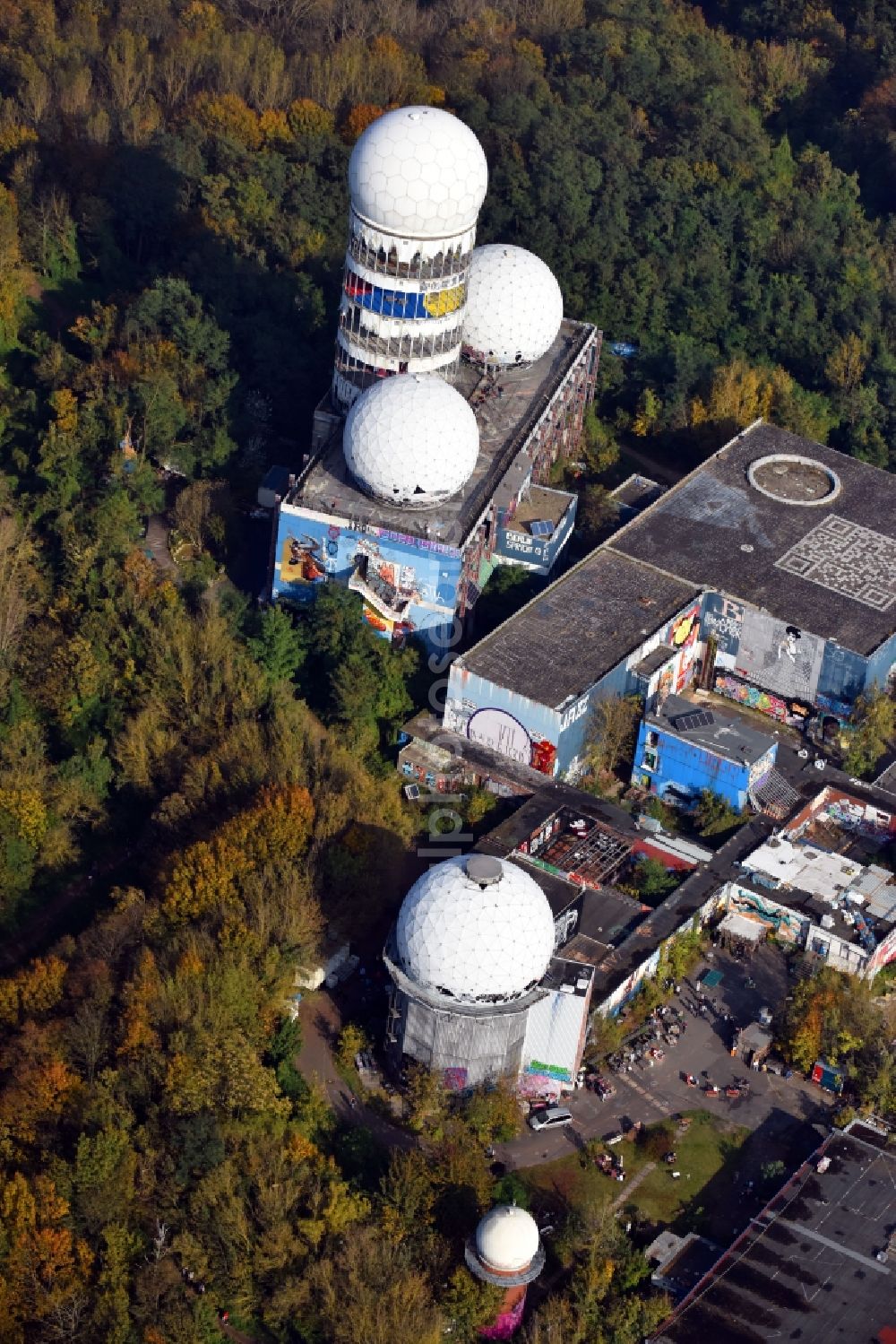 Berlin from above - Ruins of the former American military interception and radar system on the Teufelsberg in Berlin - Charlottenburg