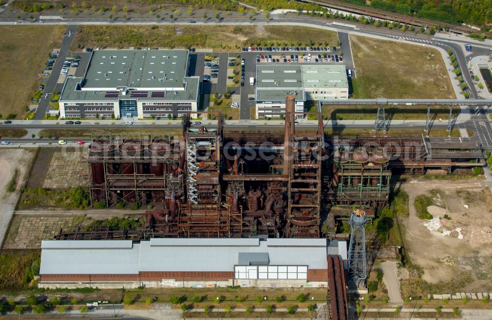 Dortmund from above - Ruins of the former steel mill next to the company headquartersof Themico and Albonair GmbH in Dortmund in the state North Rhine-Westphalia