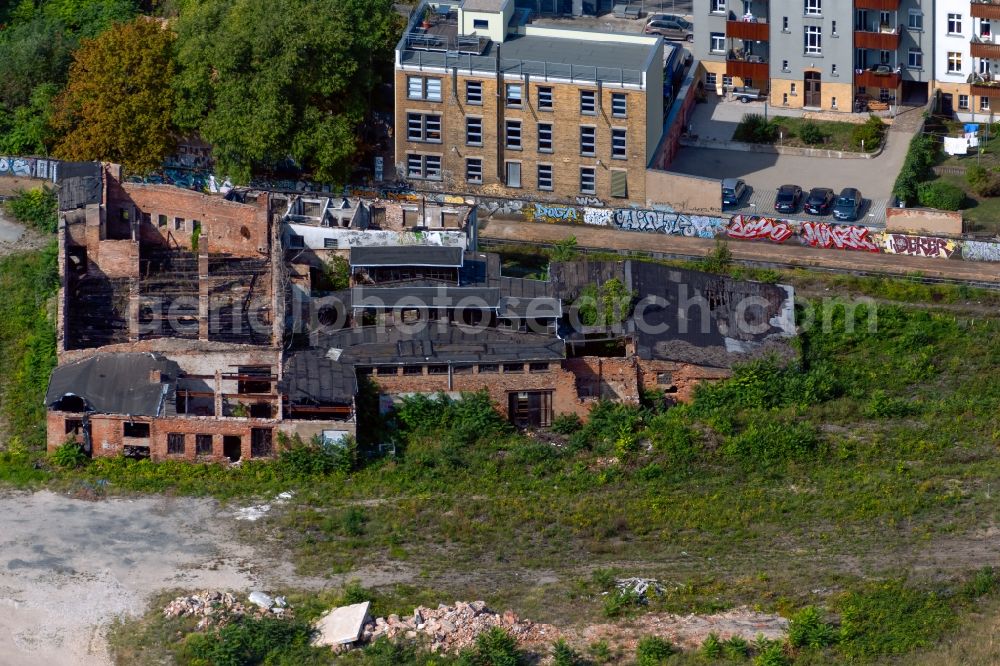 Leipzig from the bird's eye view: Ruin the buildings and halls along the Preussenseite in Leipzig in the state Saxony, Germany