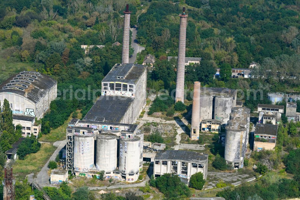 Rüdersdorf from the bird's eye view: Ruin the buildings and halls of Cement and phosphate chemical plant in the district Tasdorf in Ruedersdorf in the state Brandenburg, Germany