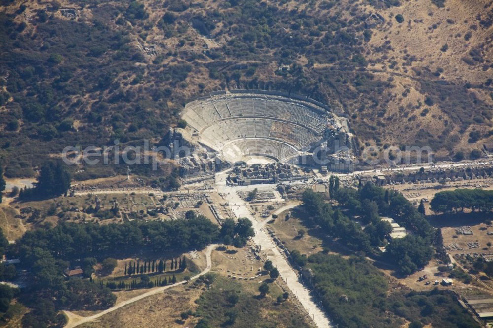 Selcuk from the bird's eye view: View of the Grand Theatre at Efes. The ruins of Ephesus are now near Selcuk in Turkey