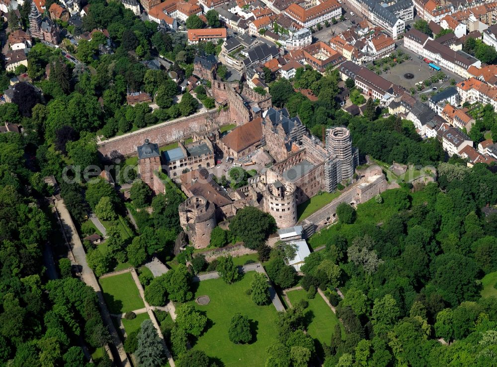 Aerial image Heidelberg - View of Heidelberg Castle. The Heidelberg Castle is one of the most famous ruins in Germany and landmark of Heidelberg